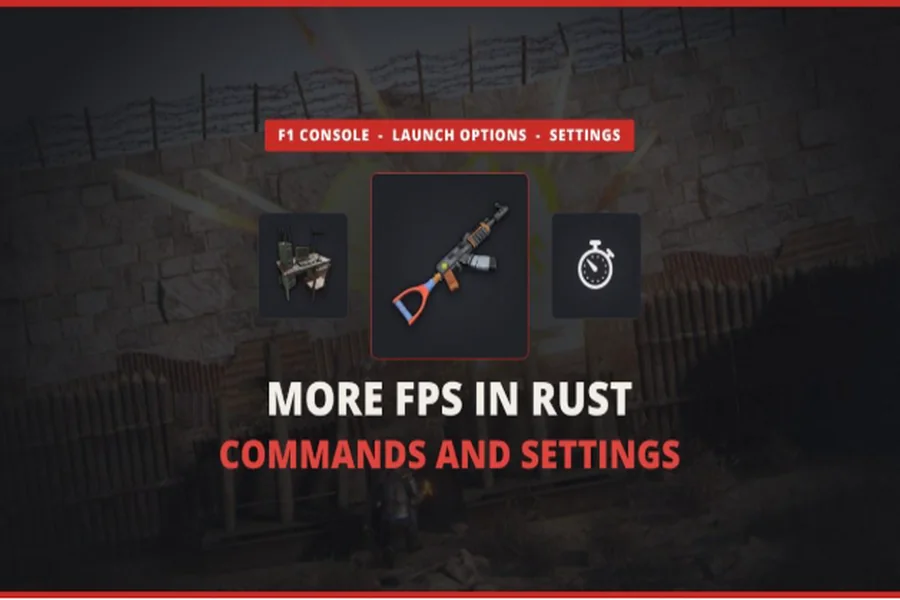 How to get more FPS in Rust, with an assault rifle, computer station and stopwatch icon over an in-game base.